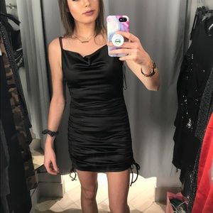 NWT Black satin ruched dress with ties